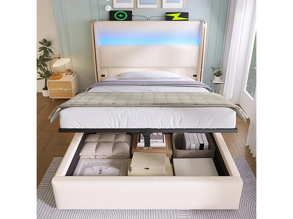 Lit coffre moderne tête lit haute simple 90x200 cm éclairage LED espace rangement ports USB Type-C aspect lin beige sans matelas
