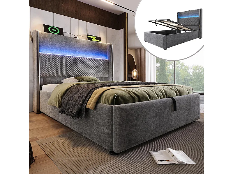 Lit coffre moderne tête lit haute simple 90x200 cm éclairage LED espace rangement ports USB Type-C aspect lin gris sans matelas