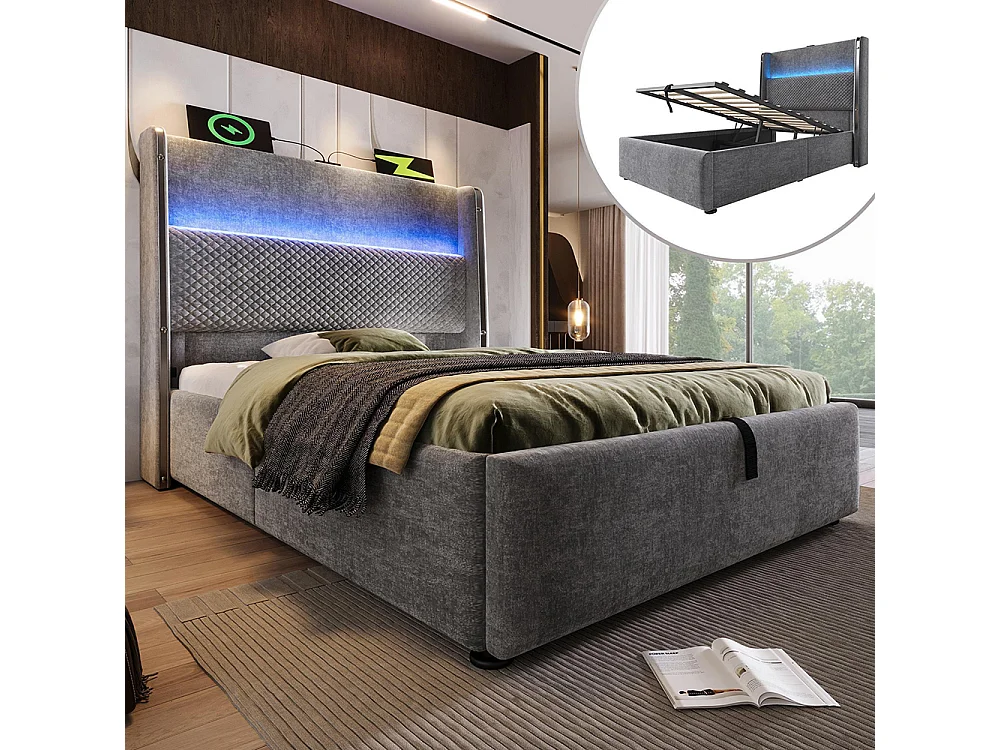 Lit coffre moderne tête lit haute simple 90x200 cm éclairage LED espace rangement ports USB Type-C aspect lin gris sans matelas