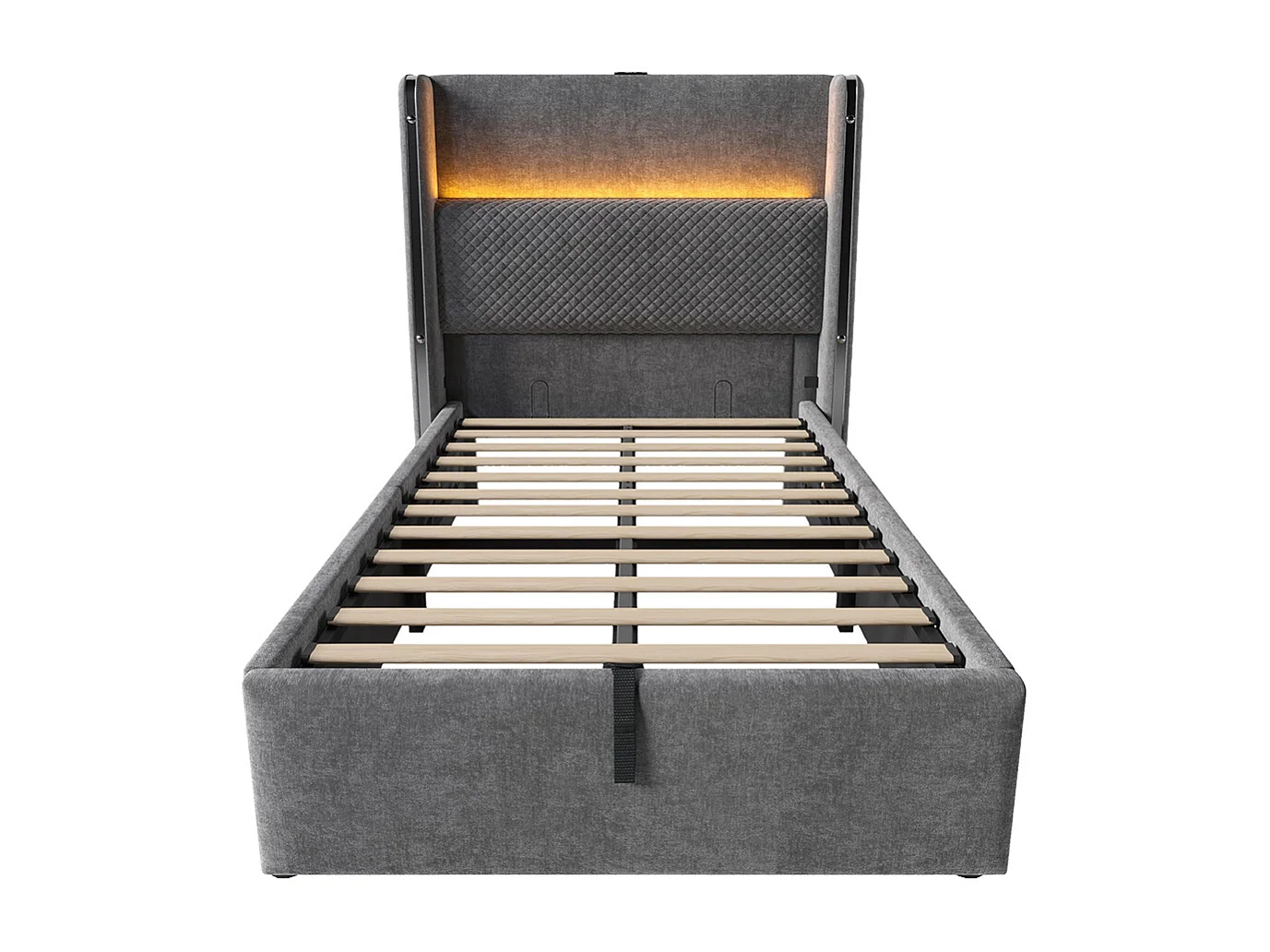 Lit coffre moderne tête lit haute simple 90x200 cm éclairage LED espace rangement ports USB Type-C aspect lin gris sans matelas