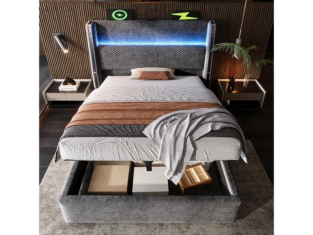 Lit coffre moderne tête lit haute simple 90x200 cm éclairage LED espace rangement ports USB Type-C aspect lin gris sans matelas