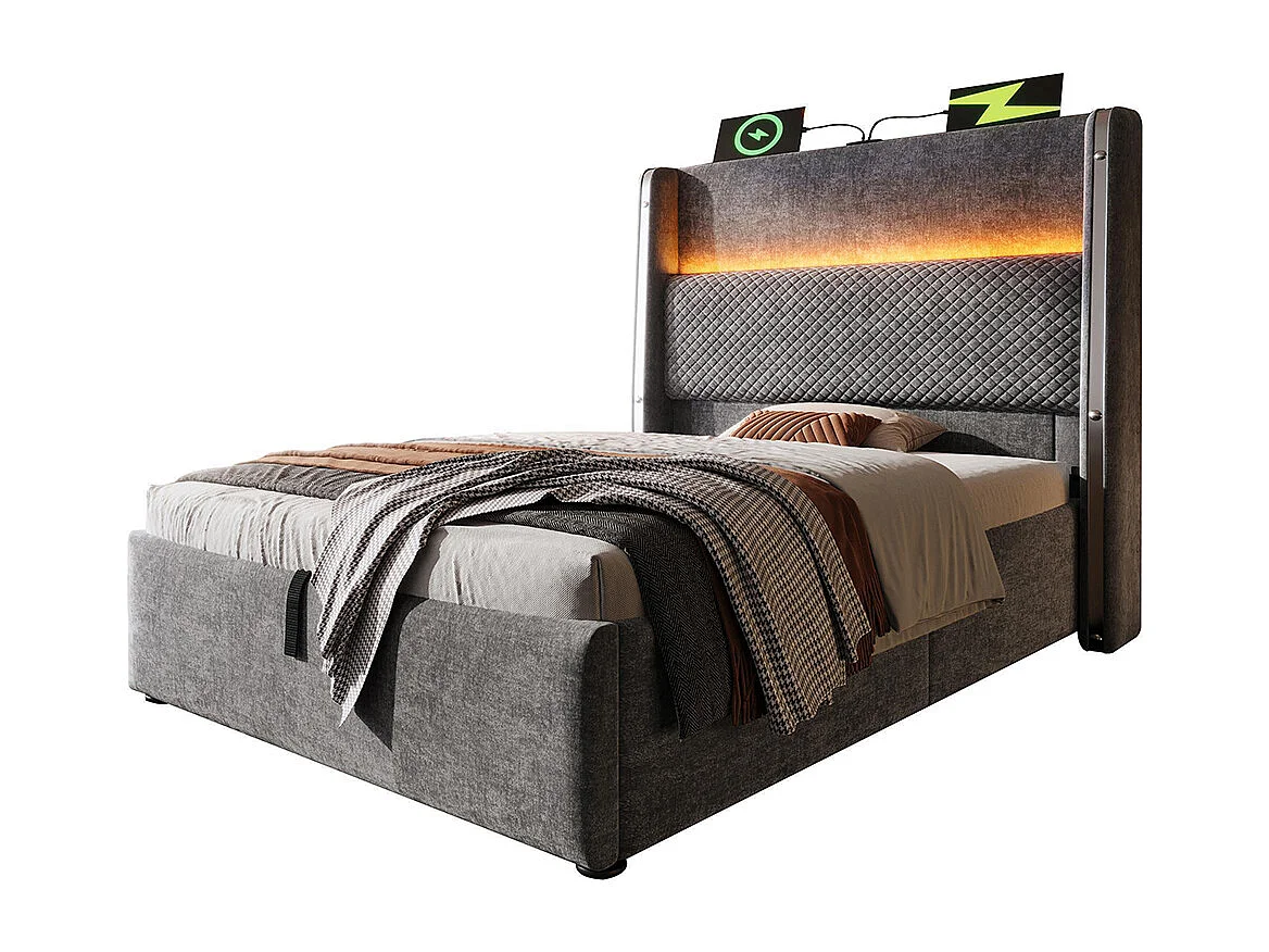 Lit coffre moderne tête lit haute simple 90x200 cm éclairage LED espace rangement ports USB Type-C aspect lin gris sans matelas