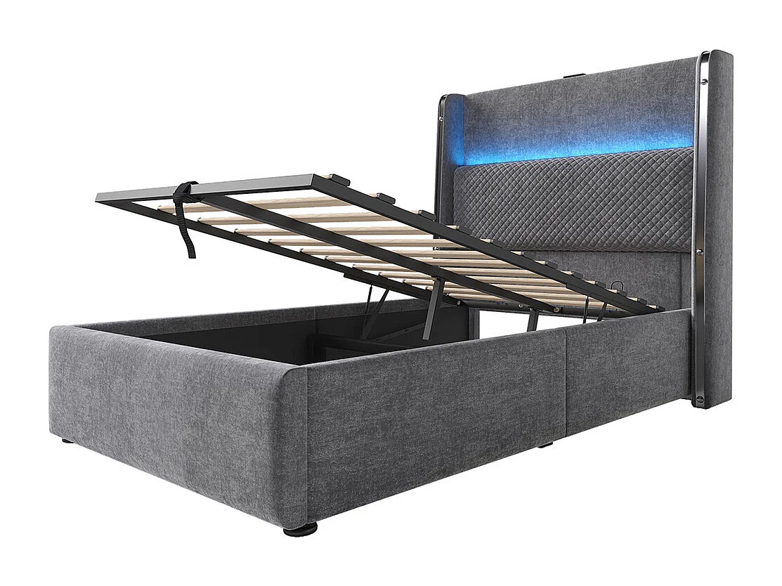 Lit coffre moderne tête lit haute simple 90x200 cm éclairage LED espace rangement ports USB Type-C aspect lin gris sans matelas