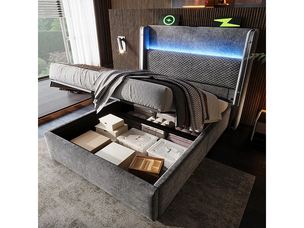 Lit coffre moderne tête lit haute simple 90x200 cm éclairage LED espace rangement ports USB Type-C aspect lin gris sans matelas