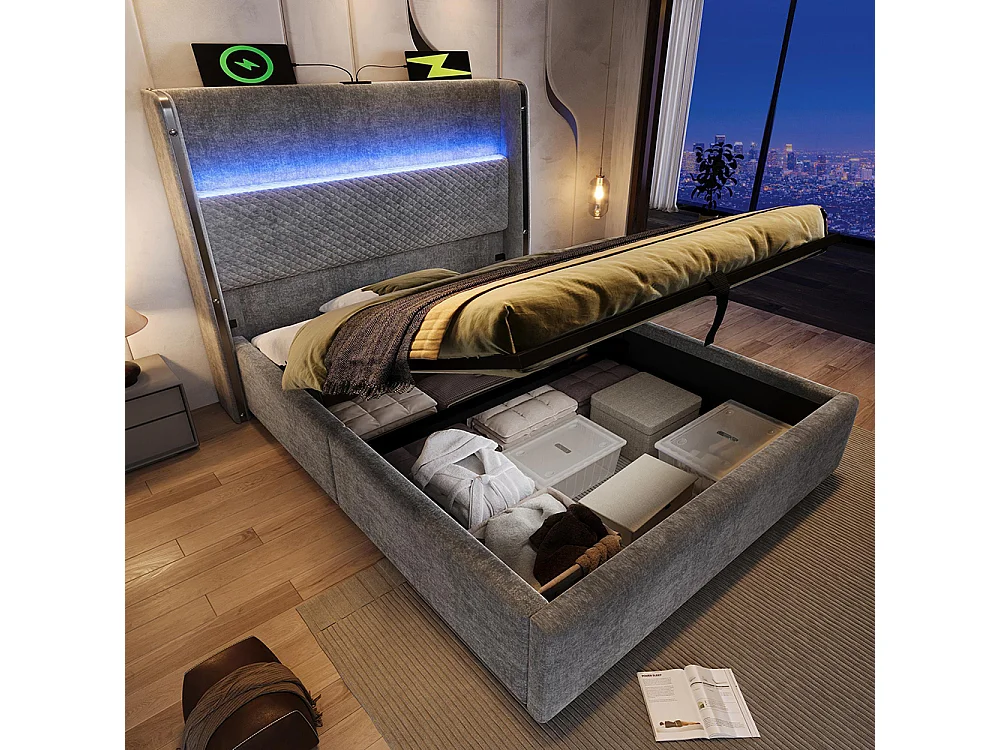 Lit coffre moderne tête lit haute simple 90x200 cm éclairage LED espace rangement ports USB Type-C aspect lin gris sans matelas