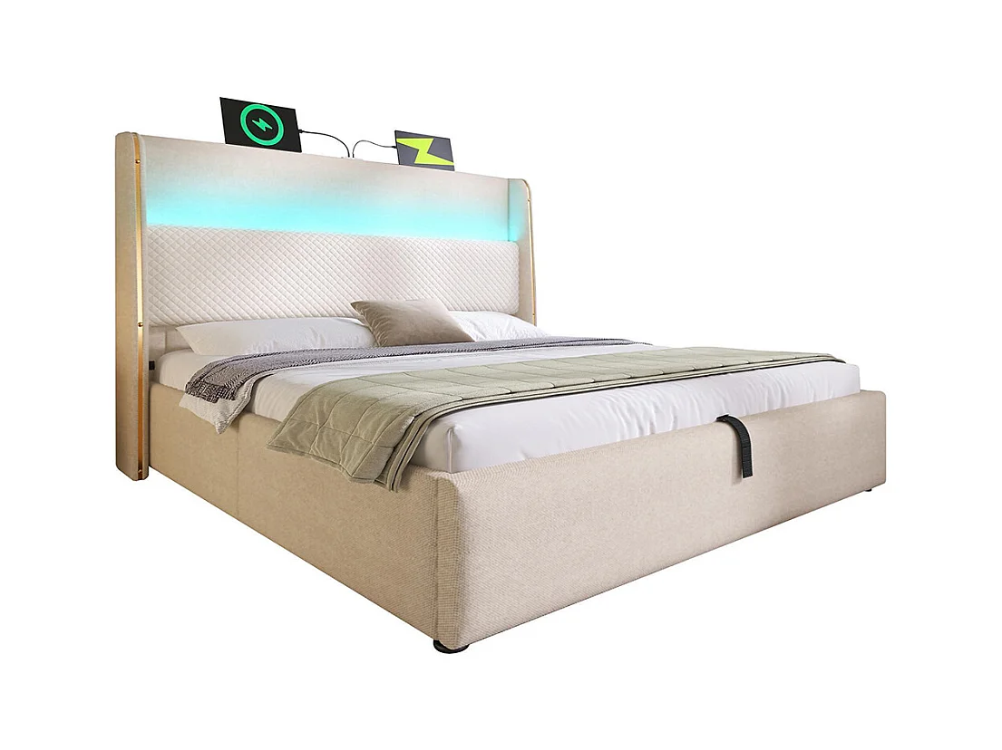 Lit coffre moderne tête lit haute double 140x200 cm éclairage LED espace rangement ports USB Type-C aspect lin beige sans matelas