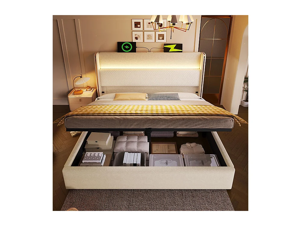 Lit coffre moderne tête lit haute double 140x200 cm éclairage LED espace rangement ports USB Type-C aspect lin beige sans matelas