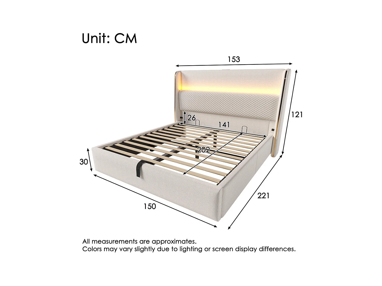 Lit coffre moderne tête lit haute double 140x200 cm éclairage LED espace rangement ports USB Type-C aspect lin beige sans matelas