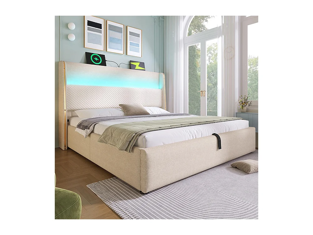 Lit coffre moderne tête lit haute double 140x200 cm éclairage LED espace rangement ports USB Type-C aspect lin beige sans matelas