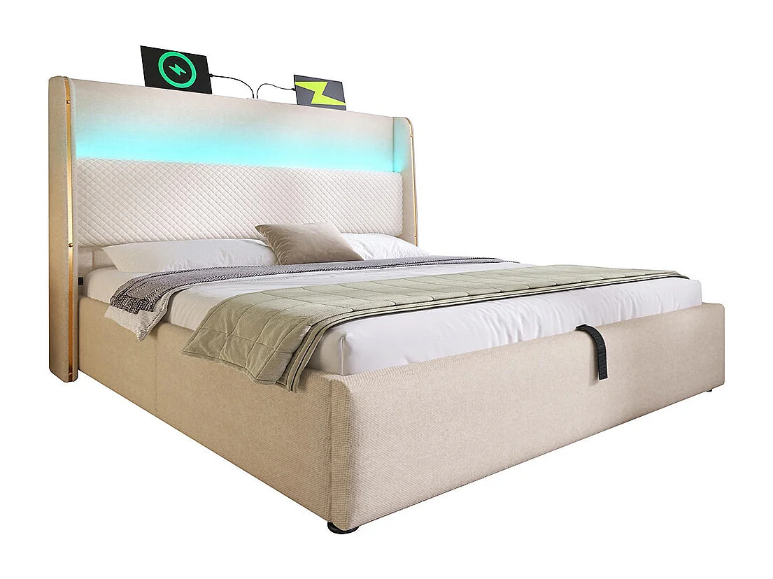 Lit coffre moderne tête lit haute double 140x200 cm éclairage LED espace rangement ports USB Type-C aspect lin beige sans matelas