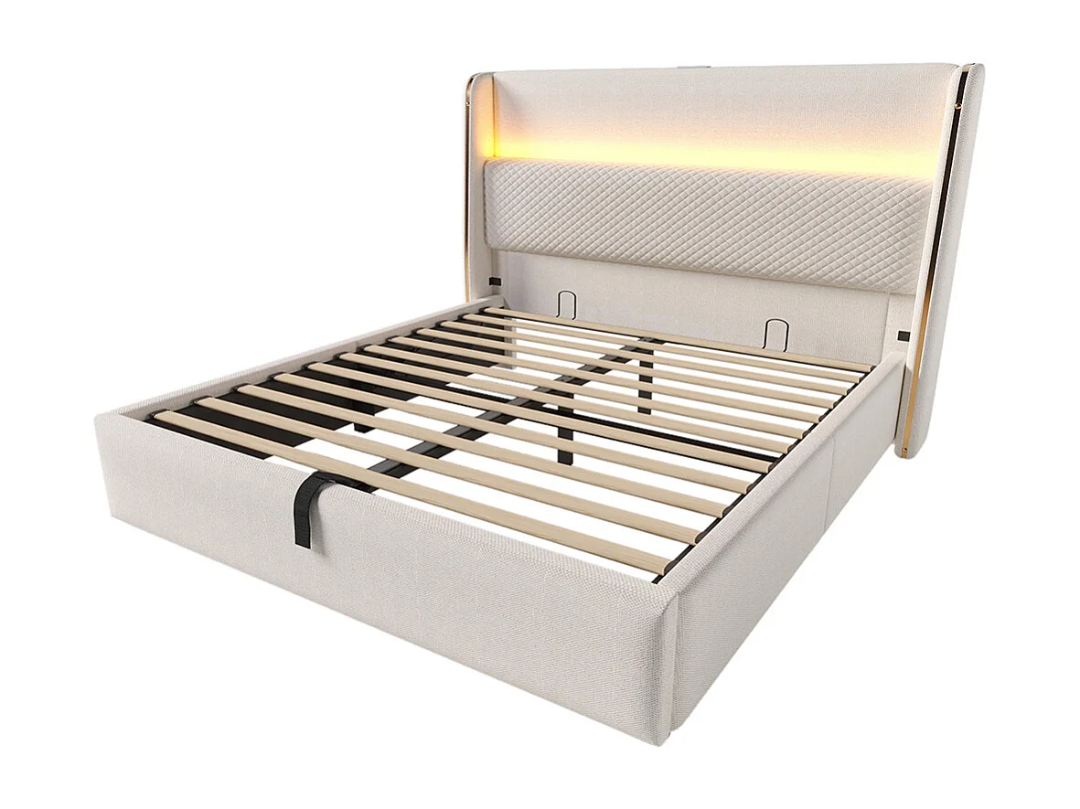 Lit coffre moderne tête lit haute double 140x200 cm éclairage LED espace rangement ports USB Type-C aspect lin beige sans matelas