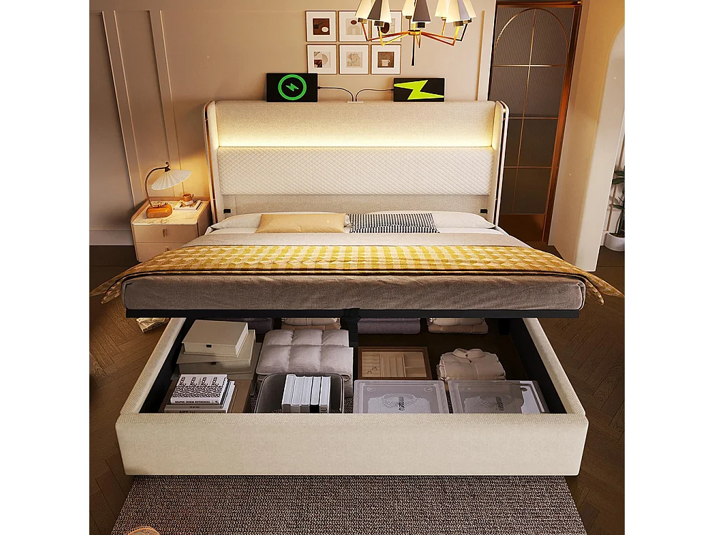 Lit coffre moderne tête lit haute double 140x200 cm éclairage LED espace rangement ports USB Type-C aspect lin beige sans matelas