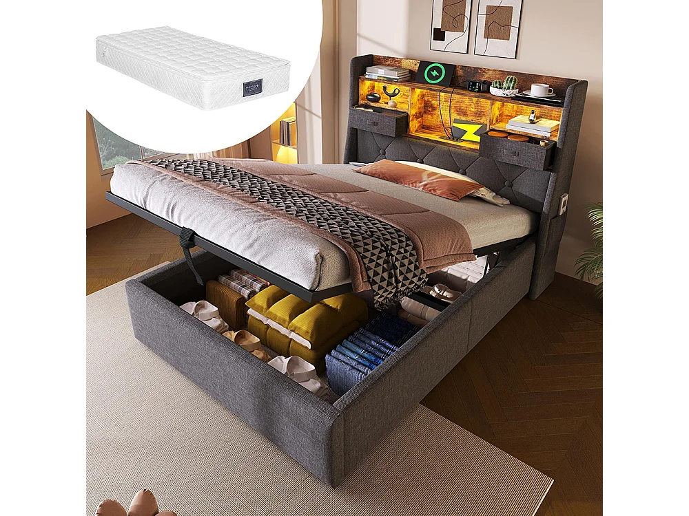 Lit coffre rembourré 90x200 cm espace rangement hydraulique tête lit LED 4 stations recharge USB Type-C simple sommier lattes tissu lin gris avec matelas