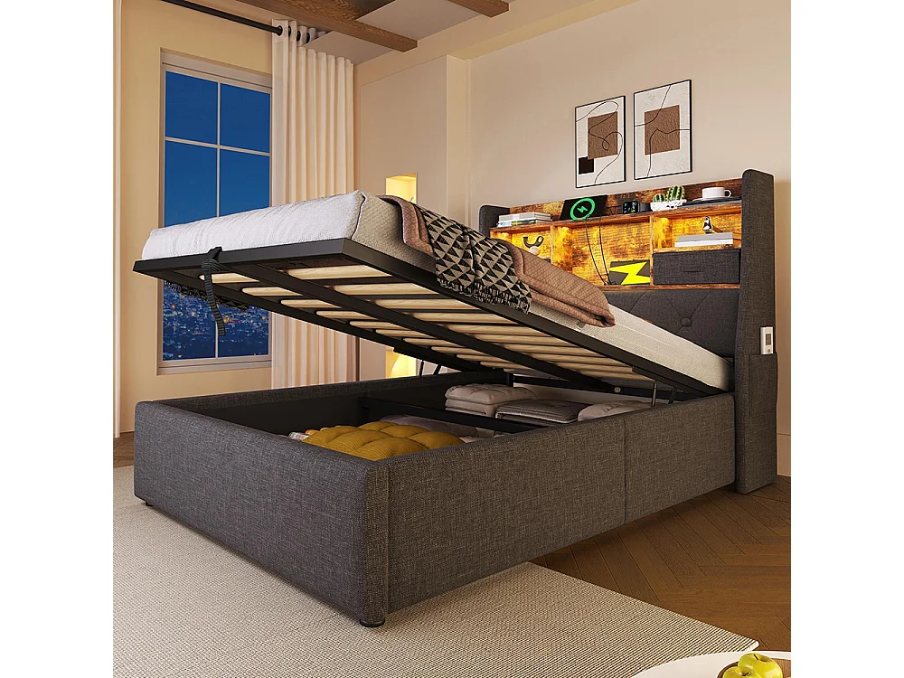 Lit coffre rembourré 90x200 cm espace rangement hydraulique tête lit LED 4 stations recharge USB Type-C simple sommier lattes tissu lin gris avec matelas