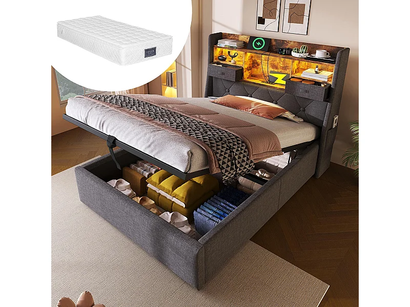 Lit coffre rembourré 90x200 cm espace rangement hydraulique tête lit LED 4 stations recharge USB Type-C simple sommier lattes tissu lin gris avec matelas