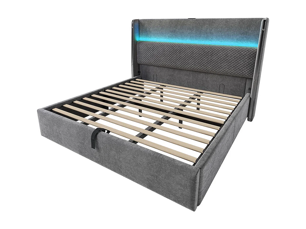 Lit coffre moderne tête lit haute double 180x200 cm éclairage LED espace rangement ports USB Type-C aspect lin gris sans matelas