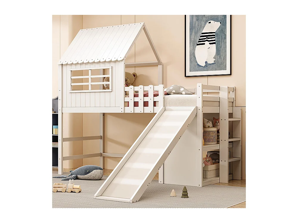 Lit mezzanine enfant 90x200 cm style grenier avec échelle toboggan sécurité rangement multiple multifonctionnel bois massif simple blanc