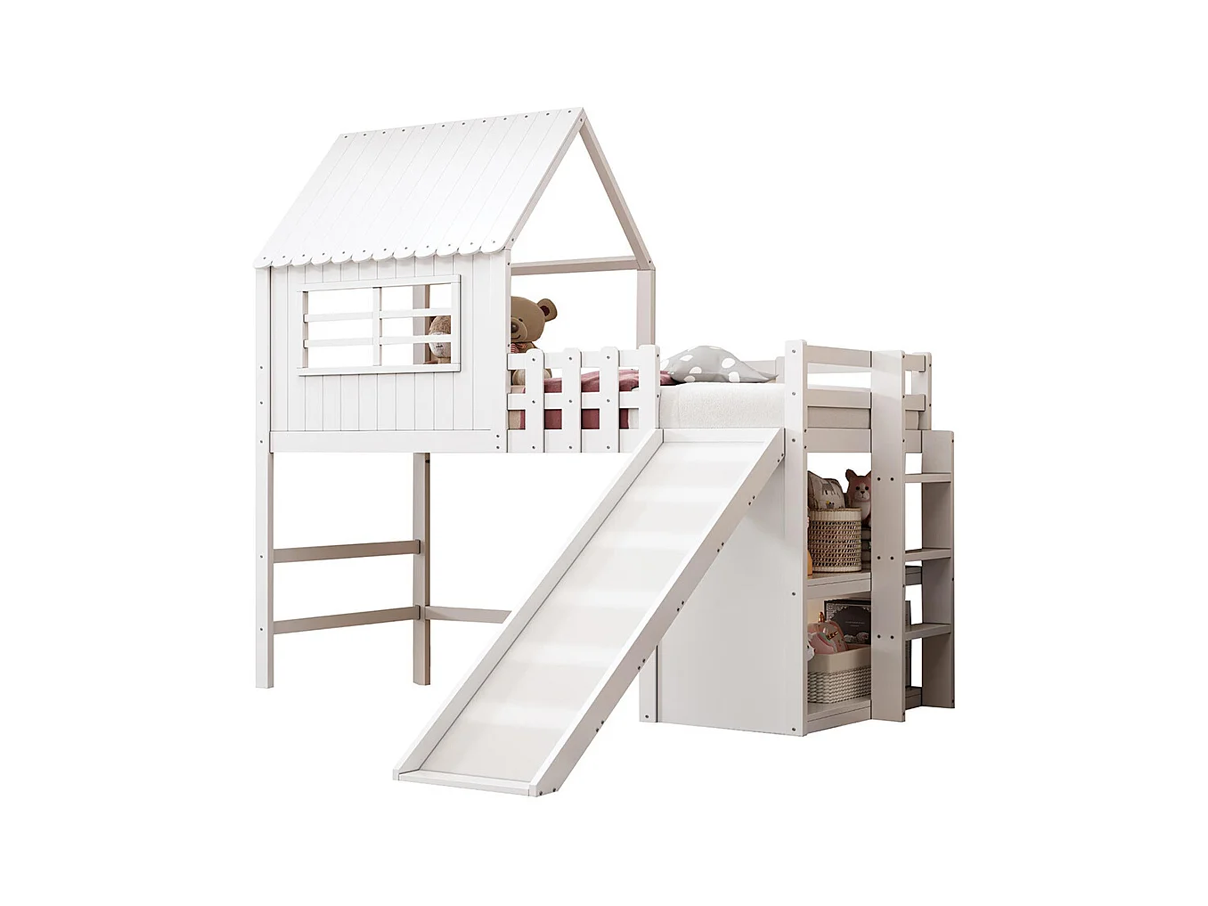 Lit mezzanine enfant 90x200 cm style grenier avec échelle toboggan sécurité rangement multiple multifonctionnel bois massif simple blanc