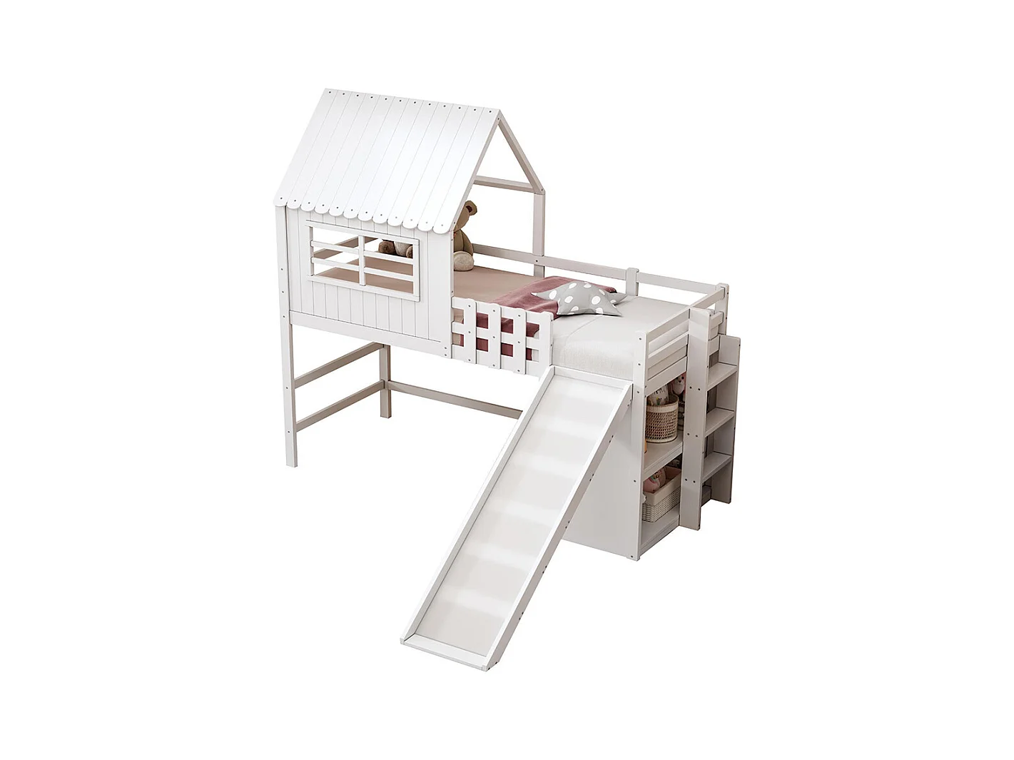 Lit mezzanine enfant 90x200 cm style grenier avec échelle toboggan sécurité rangement multiple multifonctionnel bois massif simple blanc