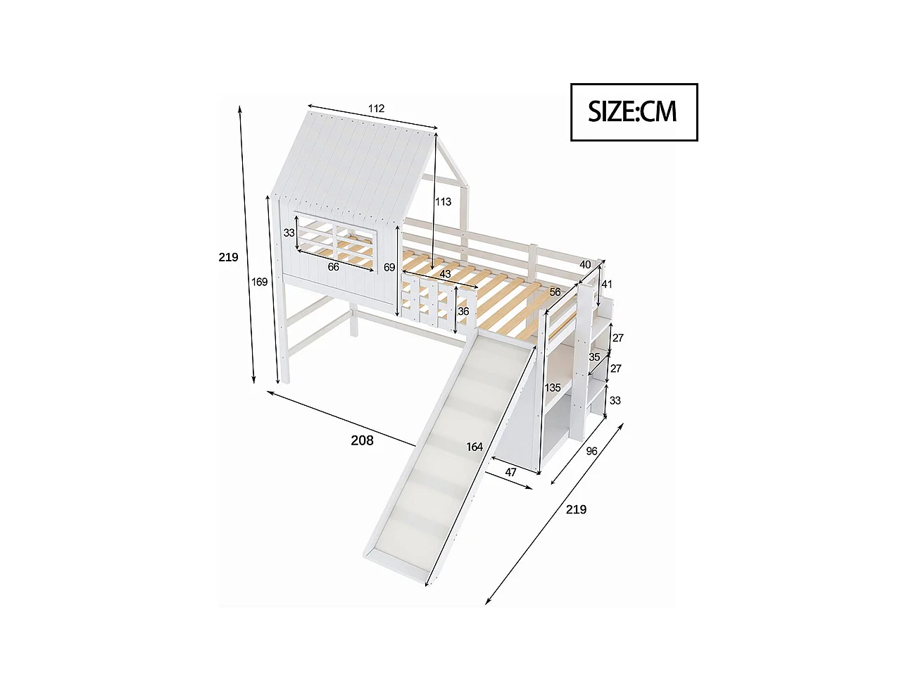 Lit mezzanine enfant 90x200 cm style grenier avec échelle toboggan sécurité rangement multiple multifonctionnel bois massif simple blanc