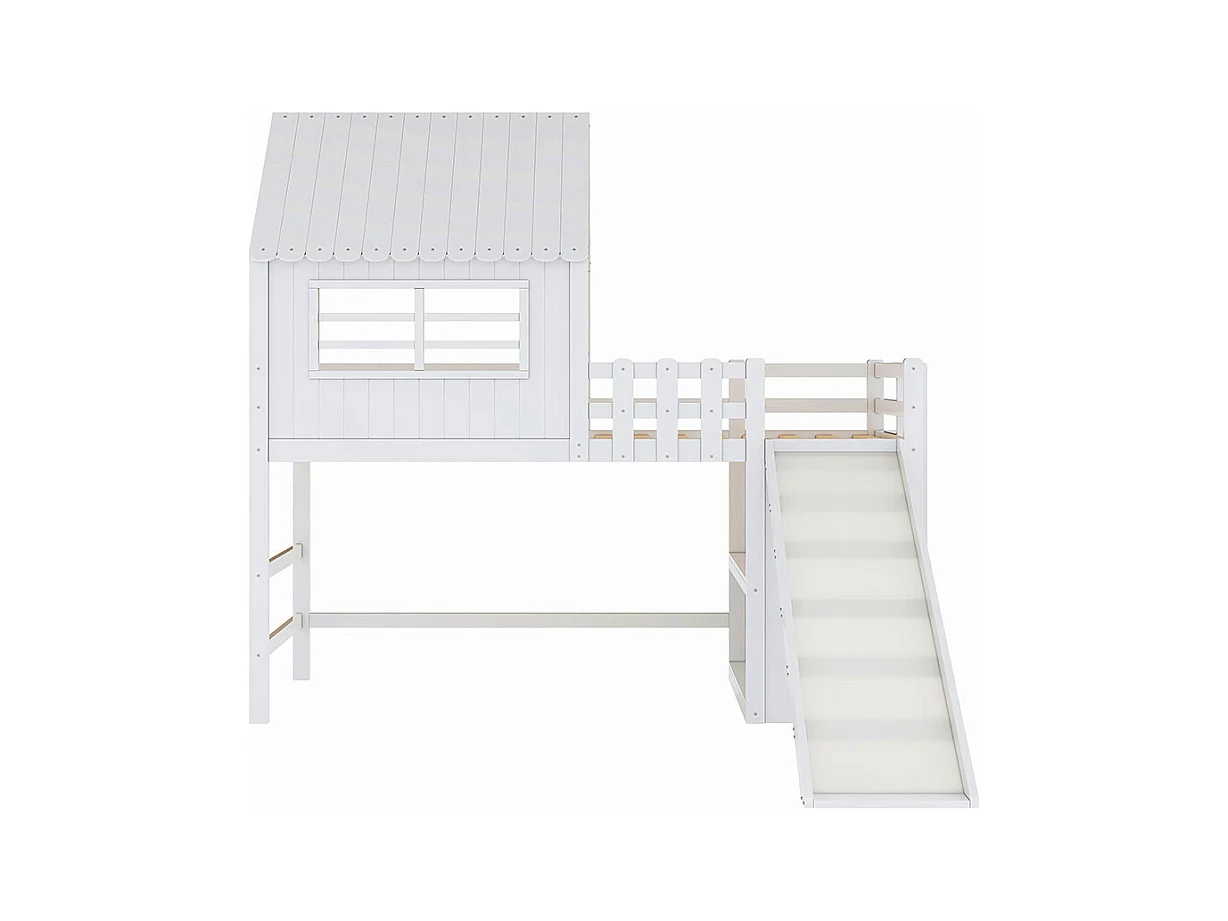 Lit mezzanine enfant 90x200 cm style grenier avec échelle toboggan sécurité rangement multiple multifonctionnel bois massif simple blanc