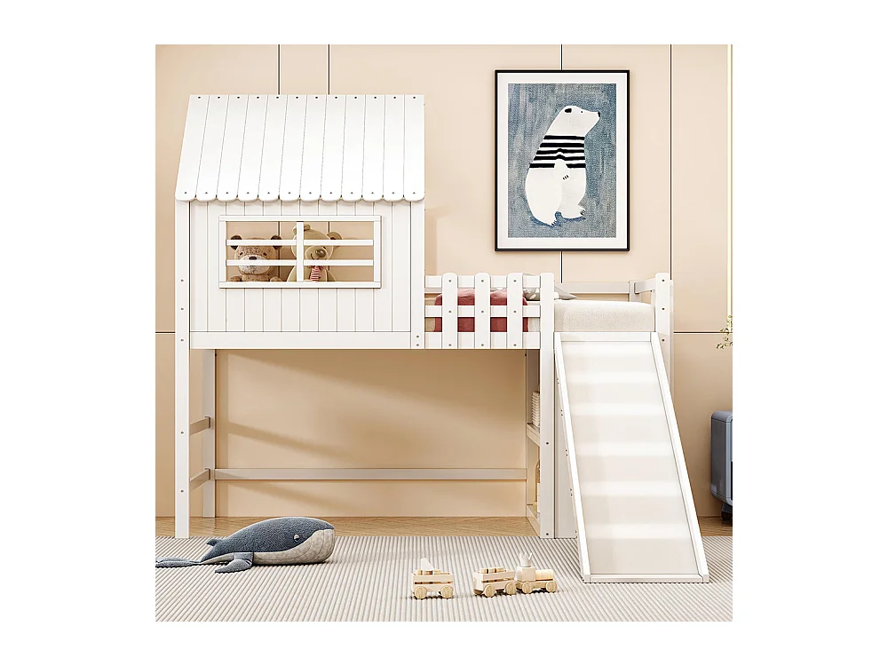 Lit mezzanine enfant 90x200 cm style grenier avec échelle toboggan sécurité rangement multiple multifonctionnel bois massif simple blanc