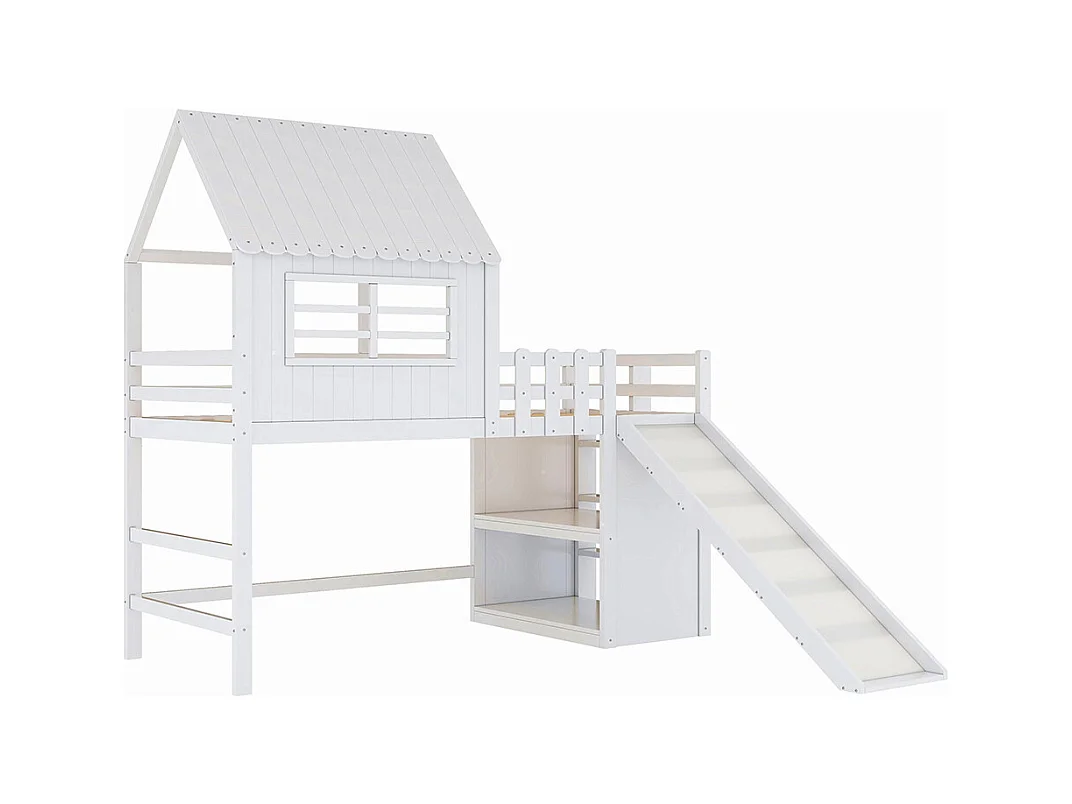 Lit mezzanine enfant 90x200 cm style grenier avec échelle toboggan sécurité rangement multiple multifonctionnel bois massif simple blanc