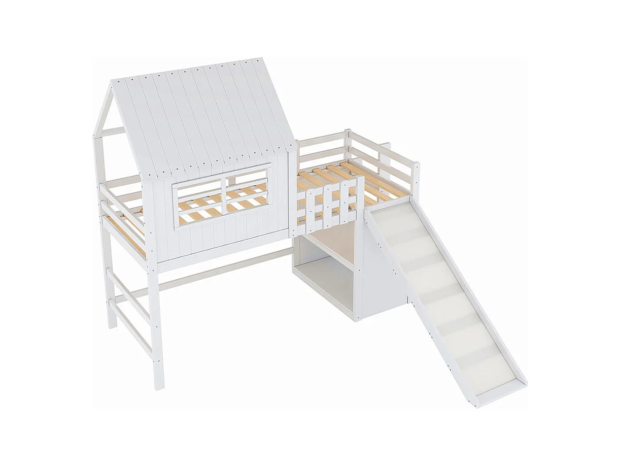 Lit mezzanine enfant 90x200 cm style grenier avec échelle toboggan sécurité rangement multiple multifonctionnel bois massif simple blanc