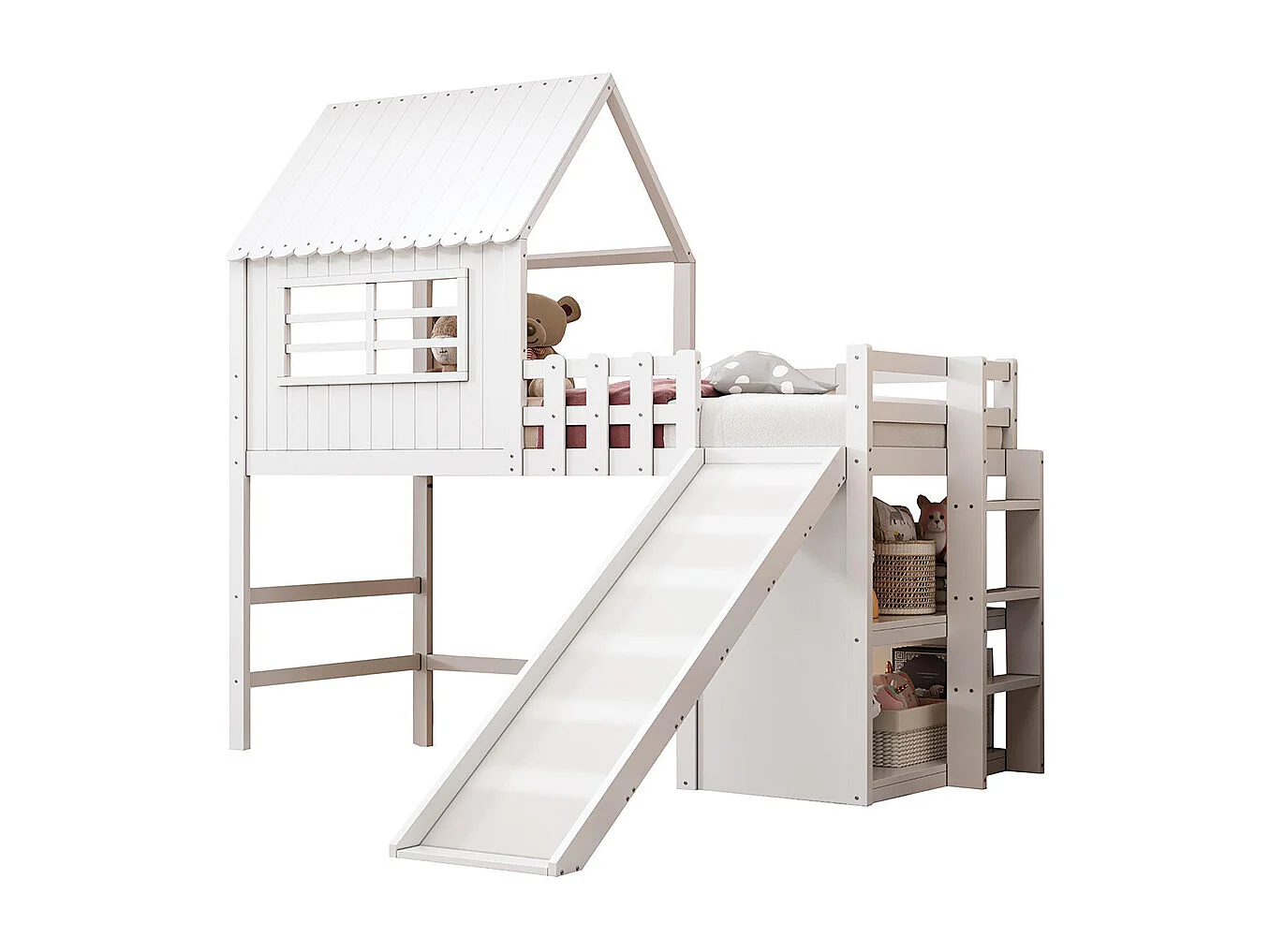 Lit mezzanine enfant 90x200 cm style grenier avec échelle toboggan sécurité rangement multiple multifonctionnel bois massif simple blanc