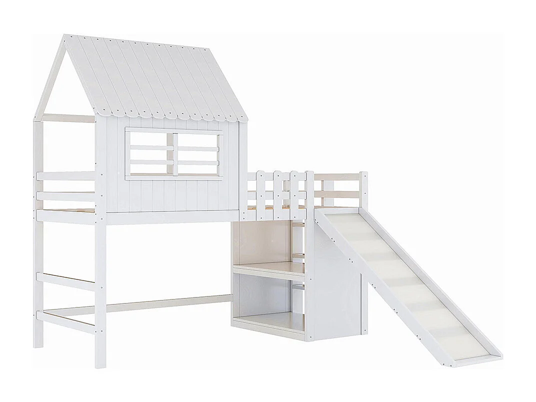 Lit mezzanine enfant 90x200 cm style grenier avec échelle toboggan sécurité rangement multiple multifonctionnel bois massif simple blanc