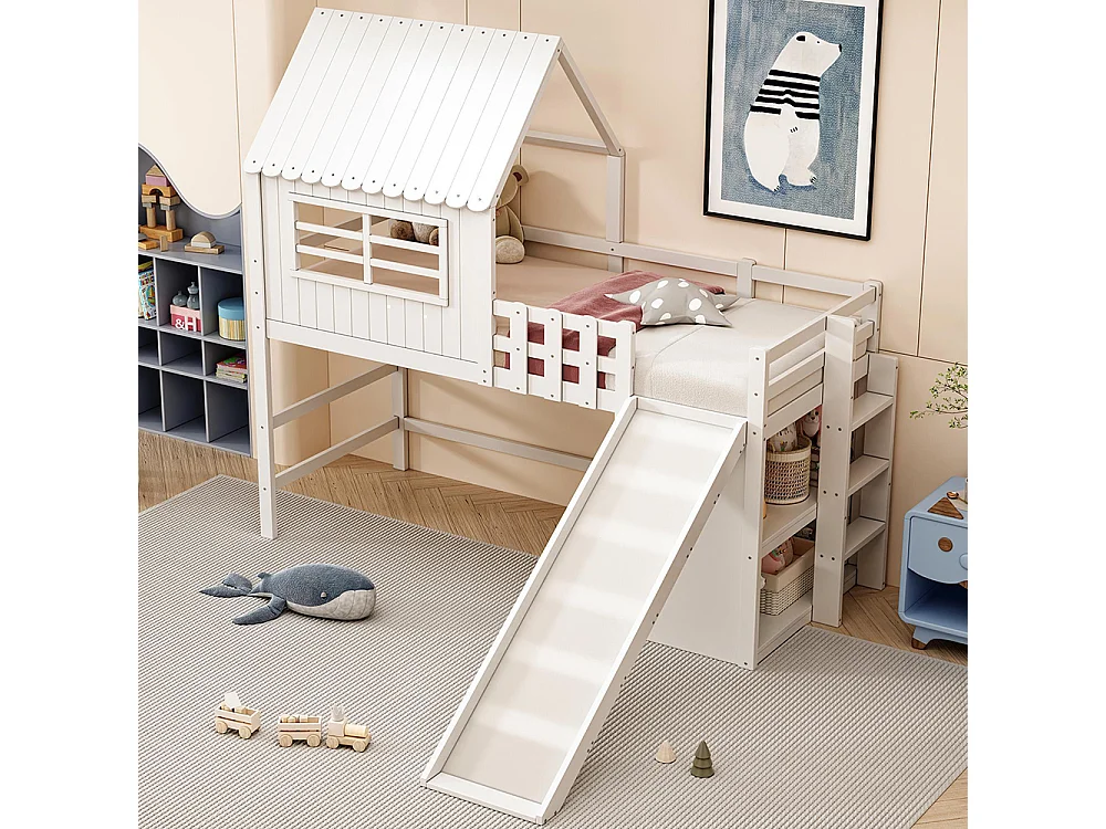 Lit mezzanine enfant 90x200 cm style grenier avec échelle toboggan sécurité rangement multiple multifonctionnel bois massif simple blanc