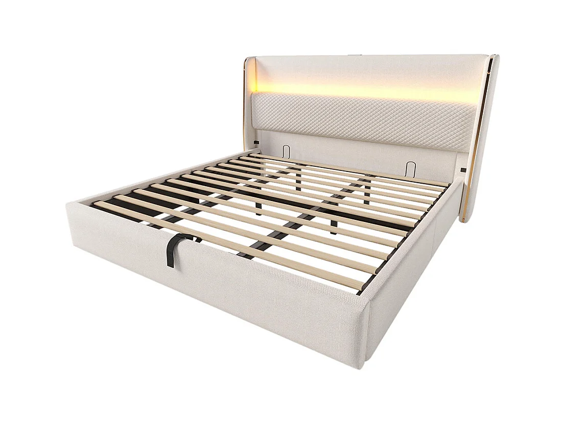 Lit coffre moderne tête lit haute double 180x200 cm éclairage LED espace rangement ports USB Type-C aspect lin beige sans matelas