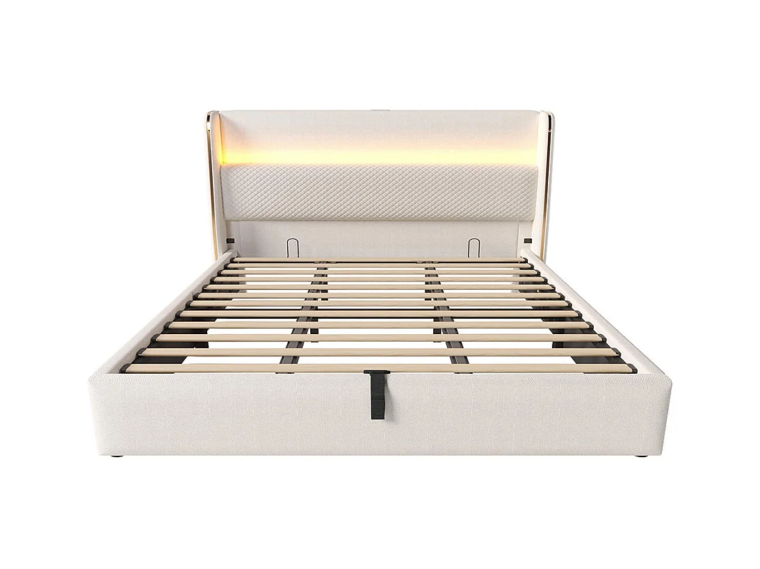 Lit coffre moderne tête lit haute double 180x200 cm éclairage LED espace rangement ports USB Type-C aspect lin beige sans matelas