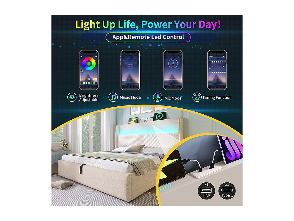 Lit coffre moderne tête lit haute double 180x200 cm éclairage LED espace rangement ports USB Type-C aspect lin beige sans matelas