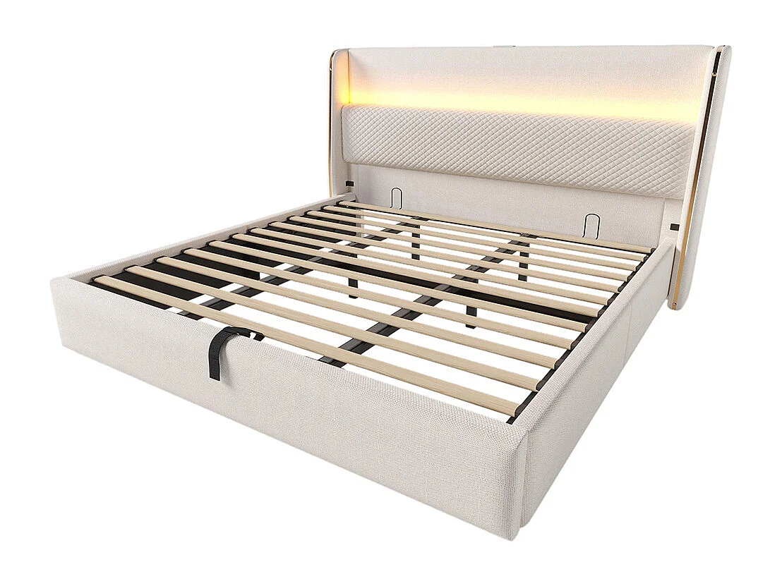 Lit coffre moderne tête lit haute double 180x200 cm éclairage LED espace rangement ports USB Type-C aspect lin beige sans matelas