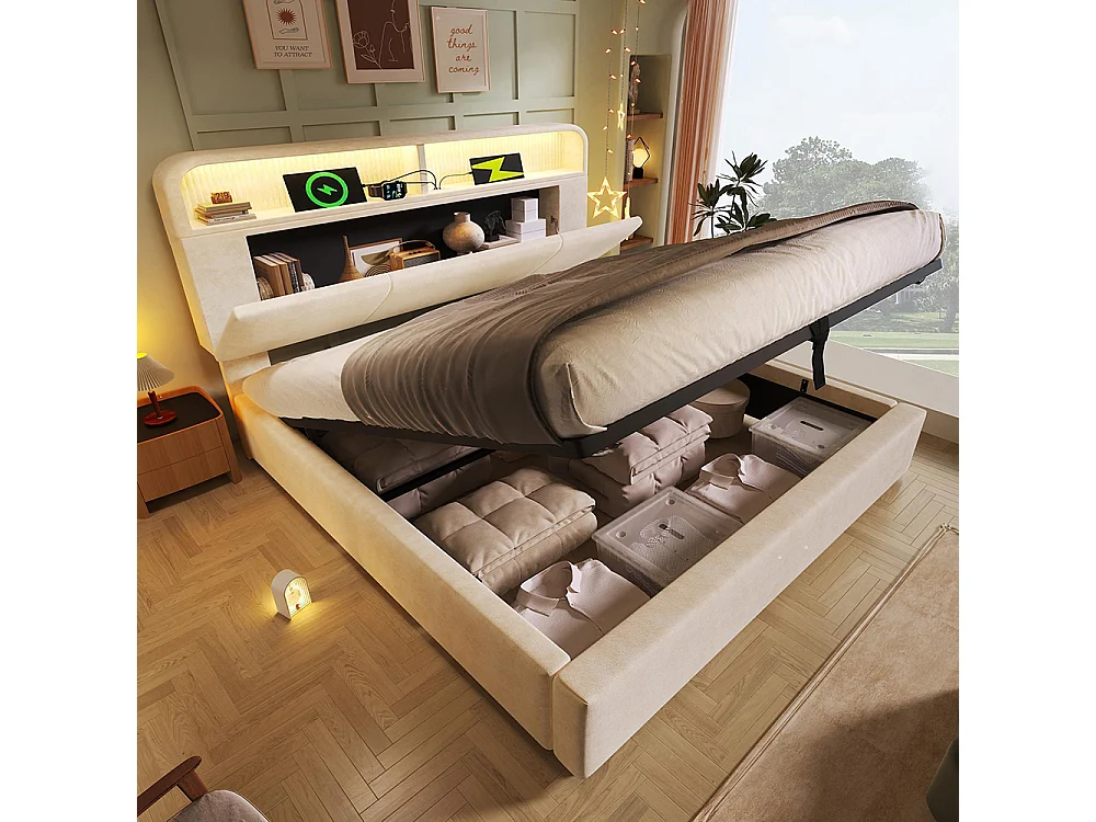 Lit coffre rembourré double 160x200 cm tête lit réglable hauteur espace rangement hydraulique éclairage LED recharge USB Type-C velours beige avec matelas