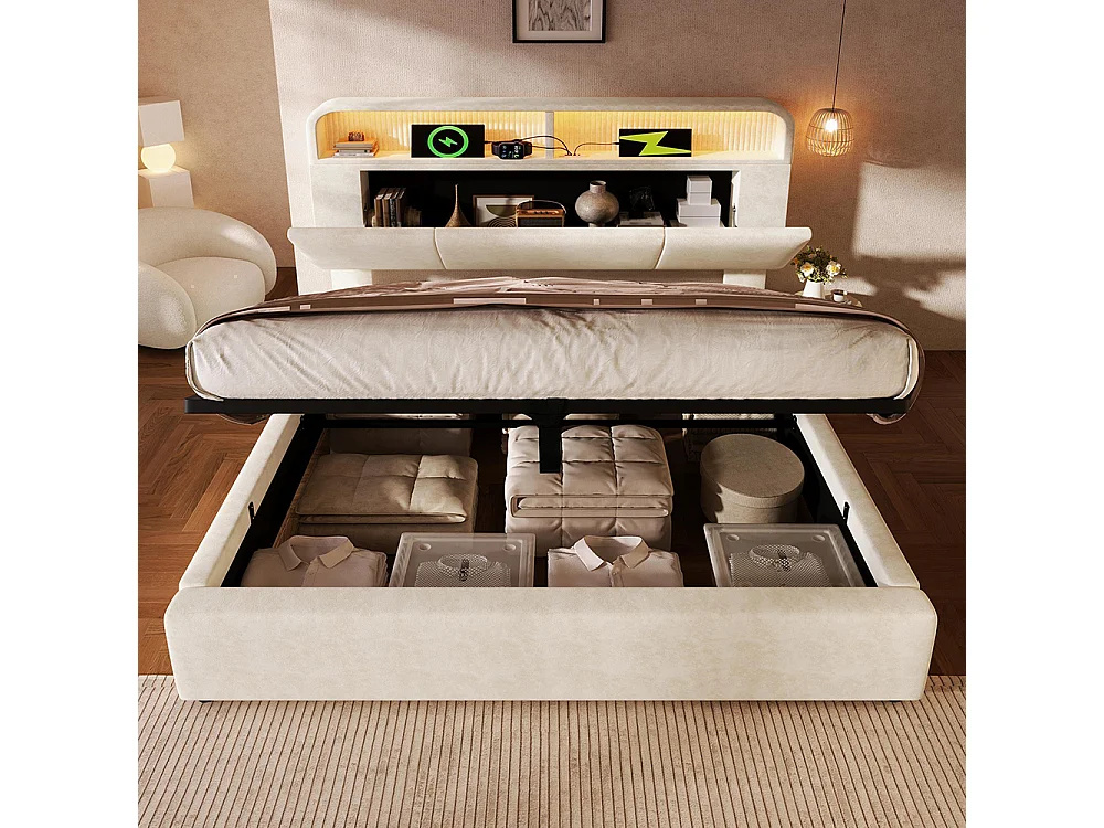 Lit coffre rembourré double 160x200 cm tête lit réglable hauteur espace rangement hydraulique éclairage LED recharge USB Type-C velours beige avec matelas