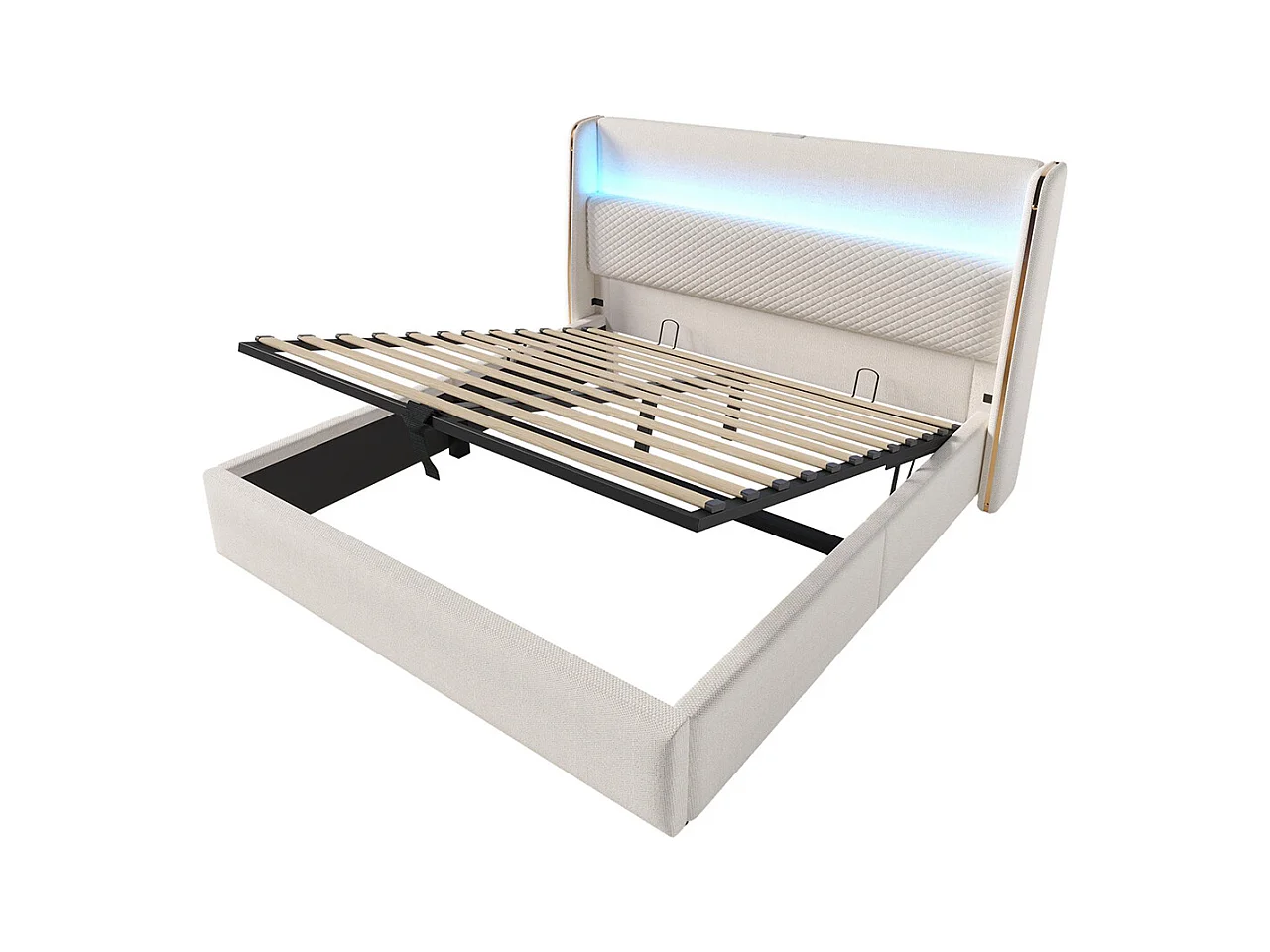 Lit coffre moderne tête lit haute double 140x200 cm éclairage LED espace rangement ports USB Type-C aspect lin beige avec matelas
