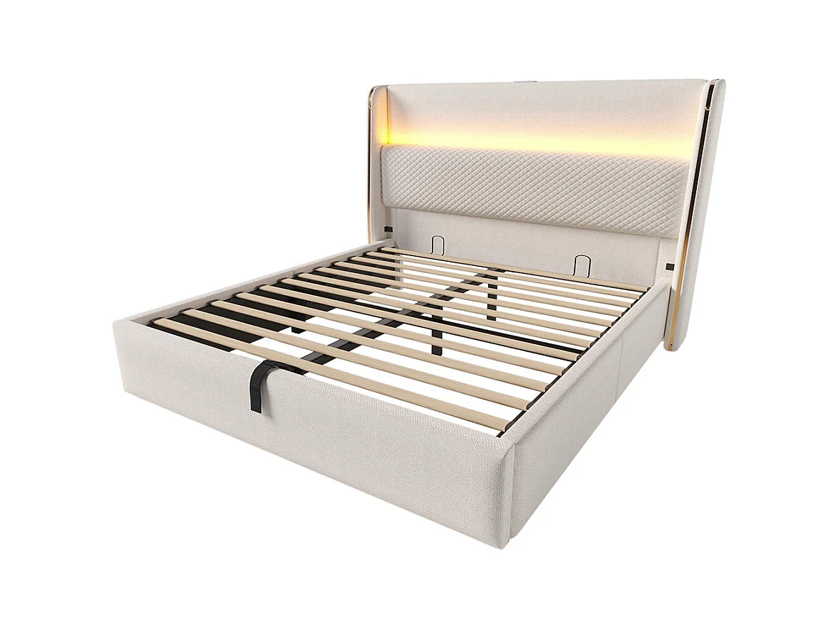 Lit coffre moderne tête lit haute double 140x200 cm éclairage LED espace rangement ports USB Type-C aspect lin beige avec matelas