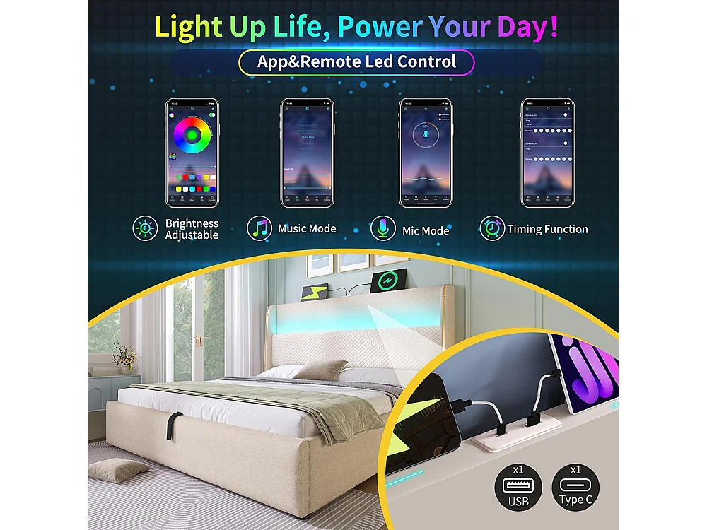 Lit coffre moderne tête lit haute double 140x200 cm éclairage LED espace rangement ports USB Type-C aspect lin beige avec matelas