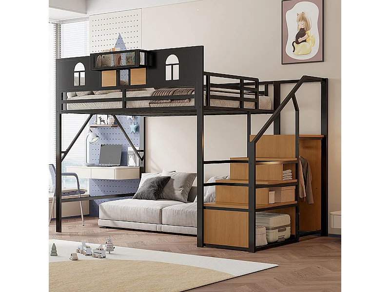 Lit mezzanine en métal 140x200 cm avec échelle rangement fenêtre panneaux bois tissu maillé barrière surélevée surface rangement cadre stable noir