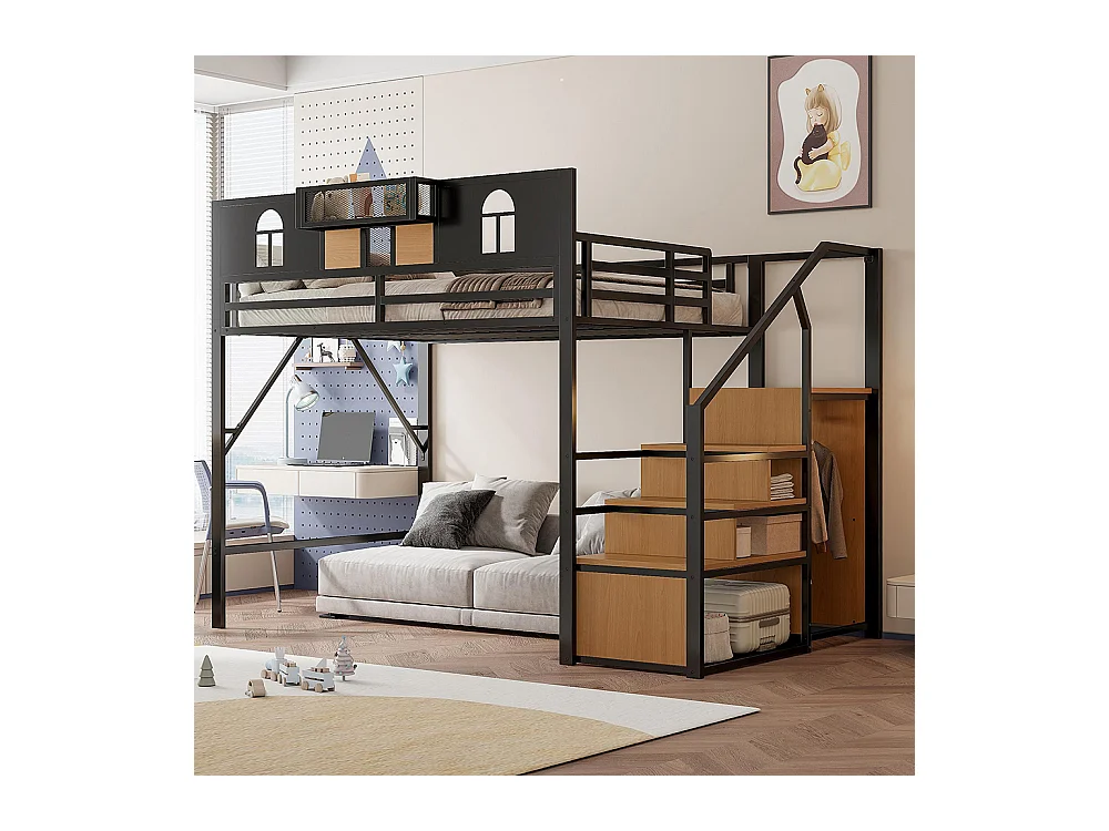 Lit mezzanine en métal 140x200 cm avec échelle rangement fenêtre panneaux bois tissu maillé barrière surélevée surface rangement cadre stable noir