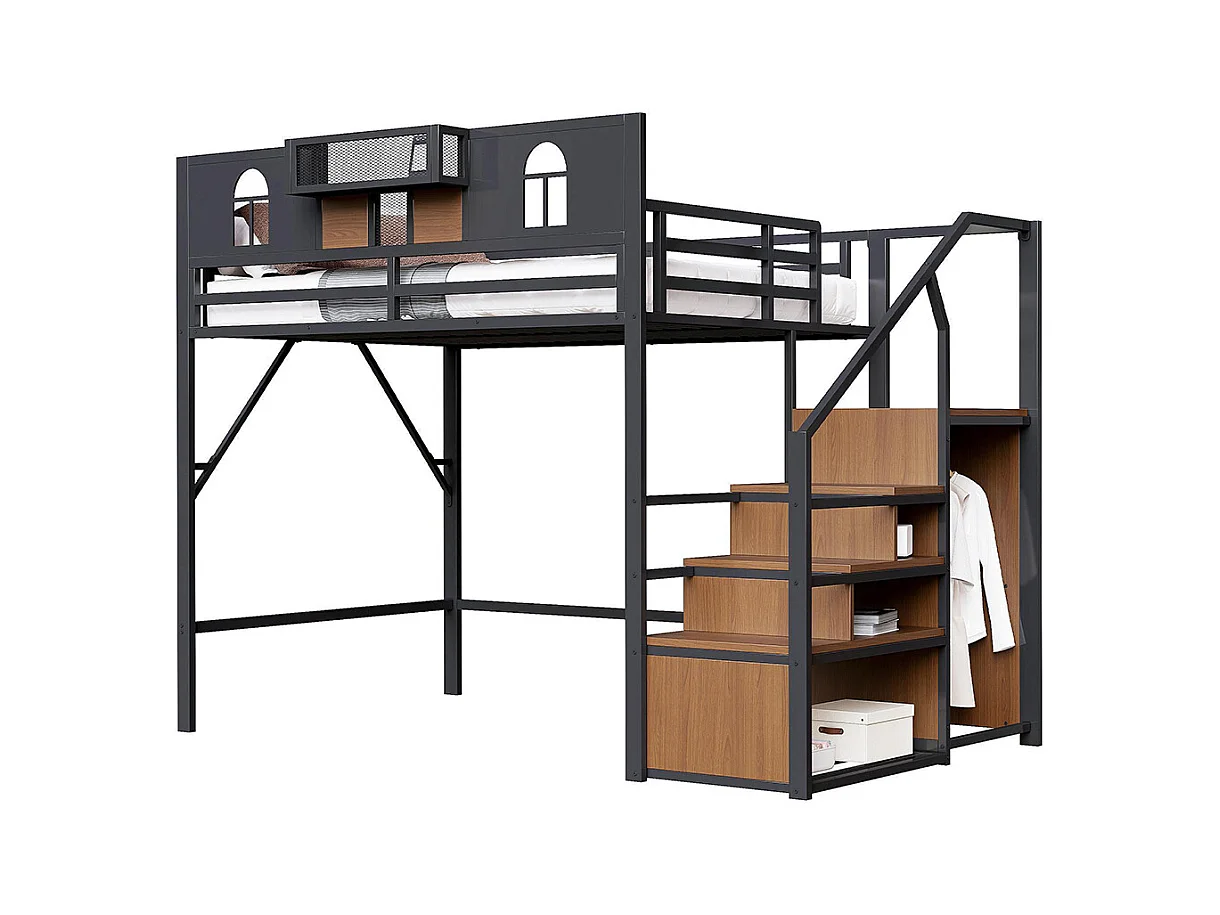 Lit mezzanine en métal 140x200 cm avec échelle rangement fenêtre panneaux bois tissu maillé barrière surélevée surface rangement cadre stable noir