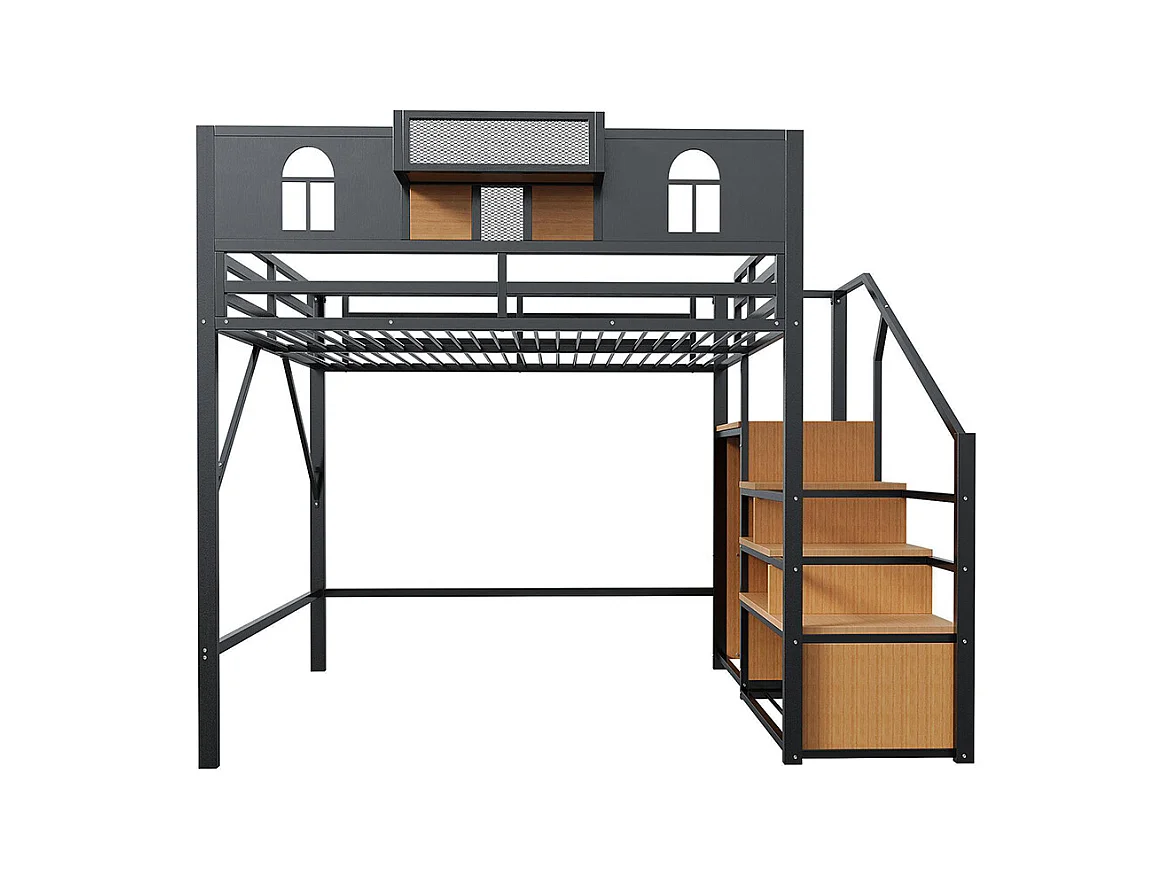 Lit mezzanine en métal 140x200 cm avec échelle rangement fenêtre panneaux bois tissu maillé barrière surélevée surface rangement cadre stable noir
