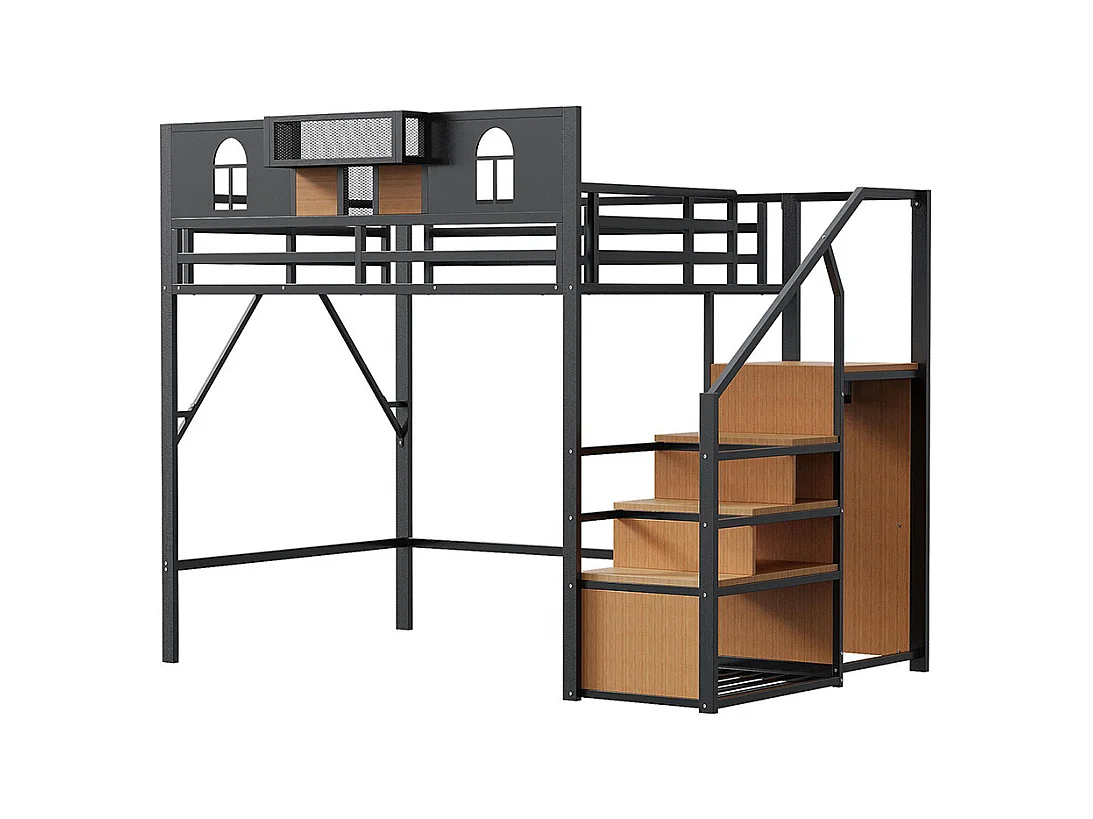 Lit mezzanine en métal 140x200 cm avec échelle rangement fenêtre panneaux bois tissu maillé barrière surélevée surface rangement cadre stable noir