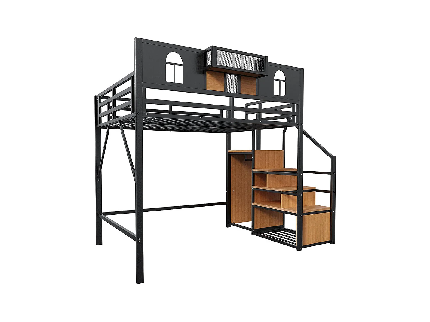 Lit mezzanine en métal 140x200 cm avec échelle rangement fenêtre panneaux bois tissu maillé barrière surélevée surface rangement cadre stable noir