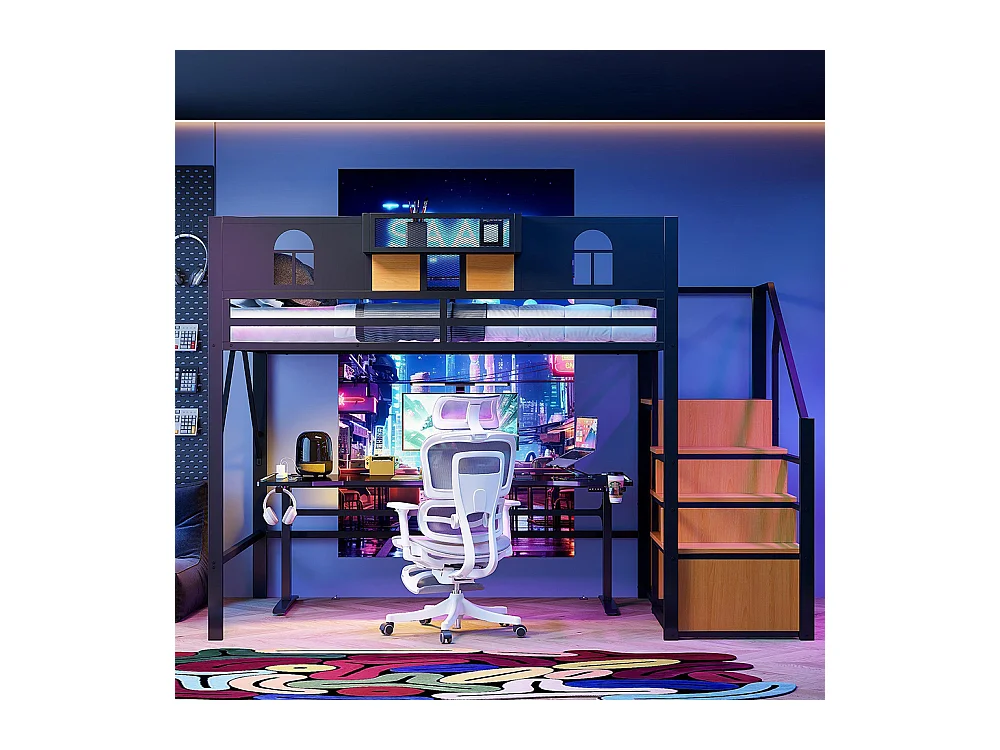 Lit mezzanine en métal 140x200 cm avec échelle rangement fenêtre panneaux bois tissu maillé barrière surélevée surface rangement cadre stable noir