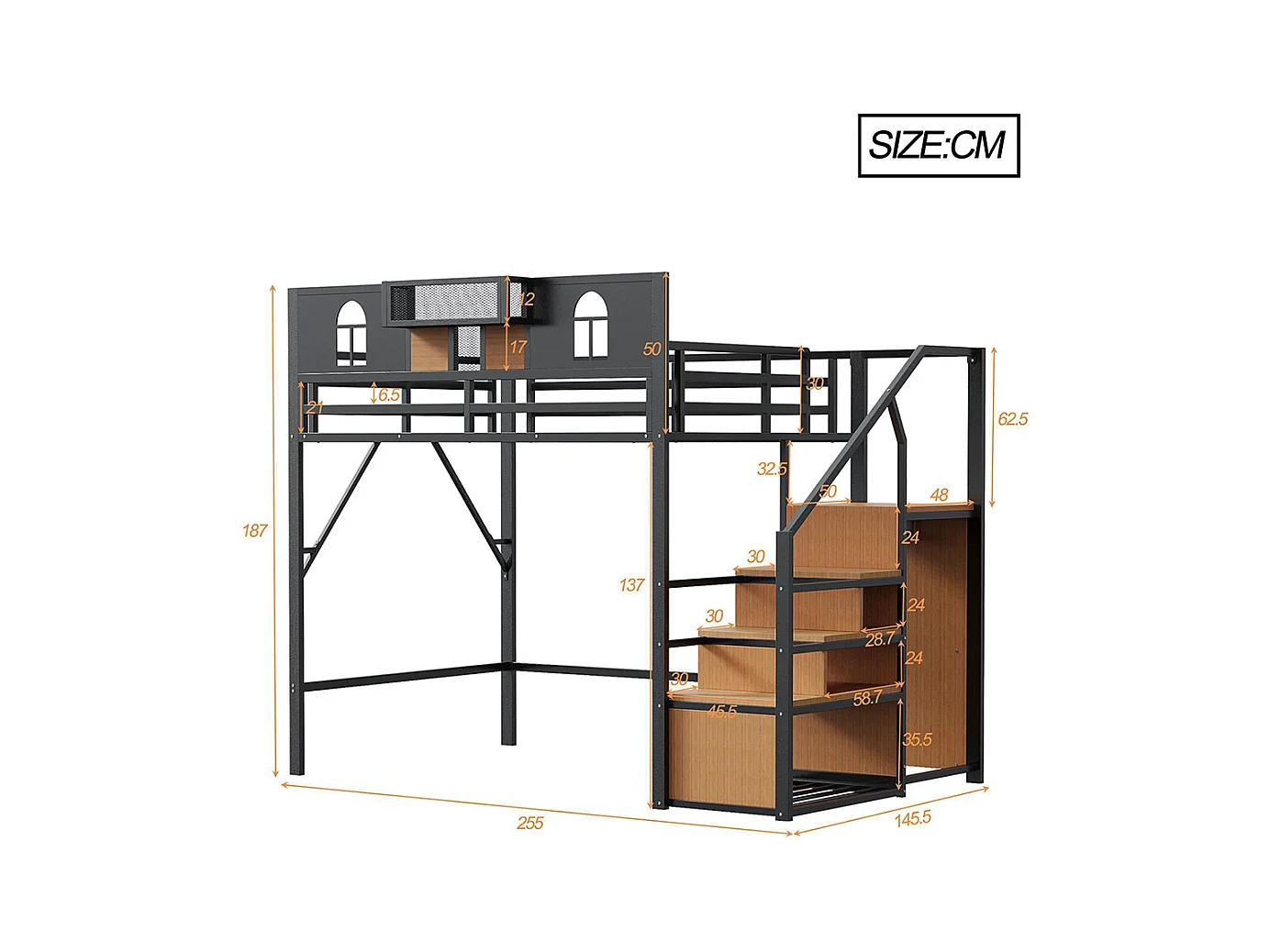 Lit mezzanine en métal 140x200 cm avec échelle rangement fenêtre panneaux bois tissu maillé barrière surélevée surface rangement cadre stable noir