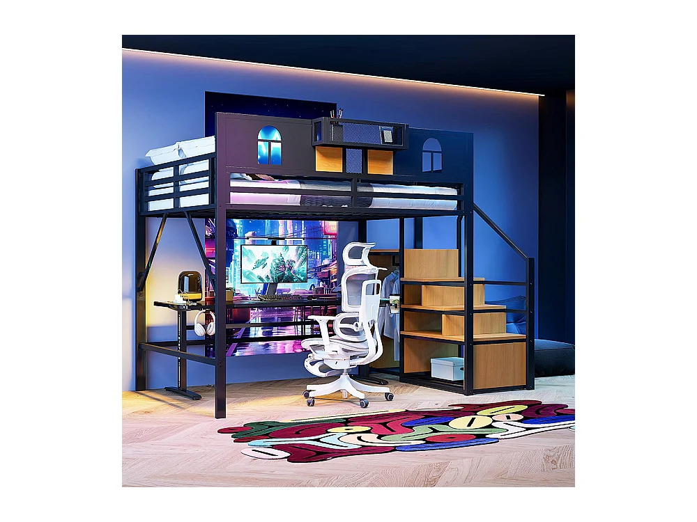 Lit mezzanine en métal 140x200 cm avec échelle rangement fenêtre panneaux bois tissu maillé barrière surélevée surface rangement cadre stable noir