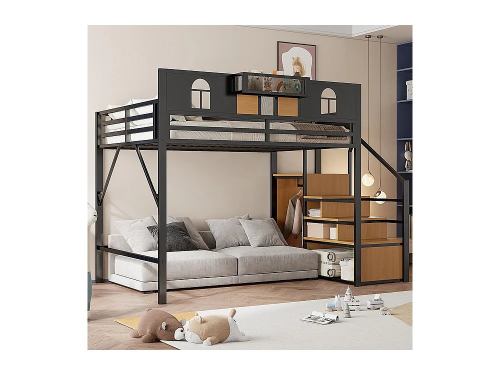 Lit mezzanine en métal 140x200 cm avec échelle rangement fenêtre panneaux bois tissu maillé barrière surélevée surface rangement cadre stable noir